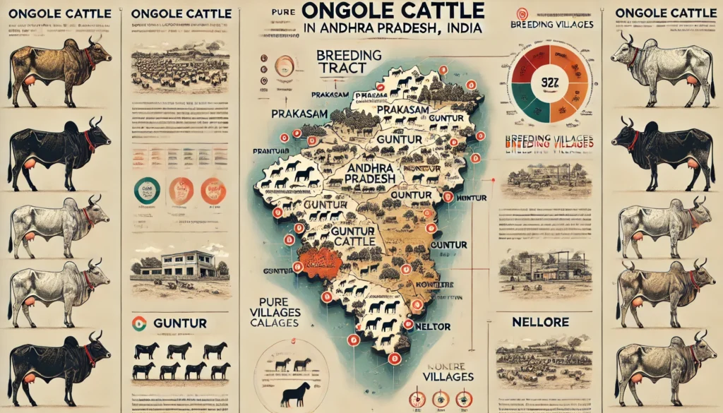 "Map highlighting the breeding tract of Ongole cattle in Andhra Pradesh, including Prakasam, Nellore, Kurnool, Guntur, and East Godavari districts, bounded by Krishna and Penna rivers."