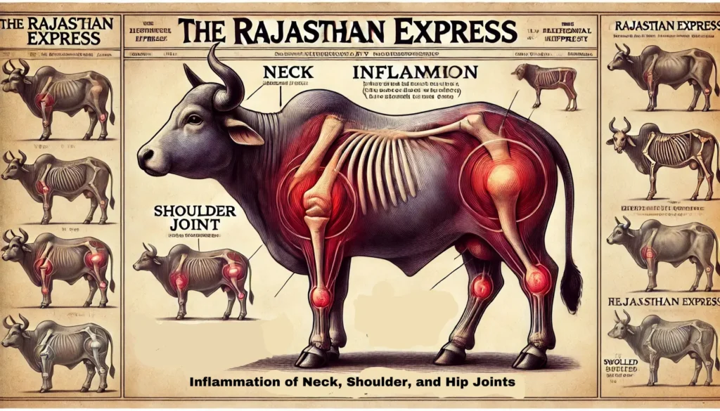 "Illustration of inflammation in a cow or buffalo, focusing on the neck, shoulder joint, and hip joint, with 'The Rajasthan Express' branding in an old newspaper headline style, presented in landscape mode."