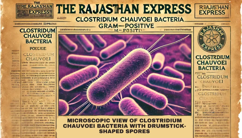 "Microscopic view of Clostridium Chauvoei bacteria, showcasing the purple gram-positive bacteria and drumstick-shaped spores, presented with 'The Rajasthan Express' branding in vintage old newspaper headline style."